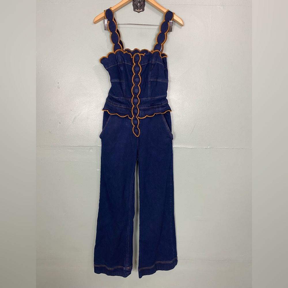 Farm Rio Sleeveless Scallop Denim Jumpsuit Blue Small